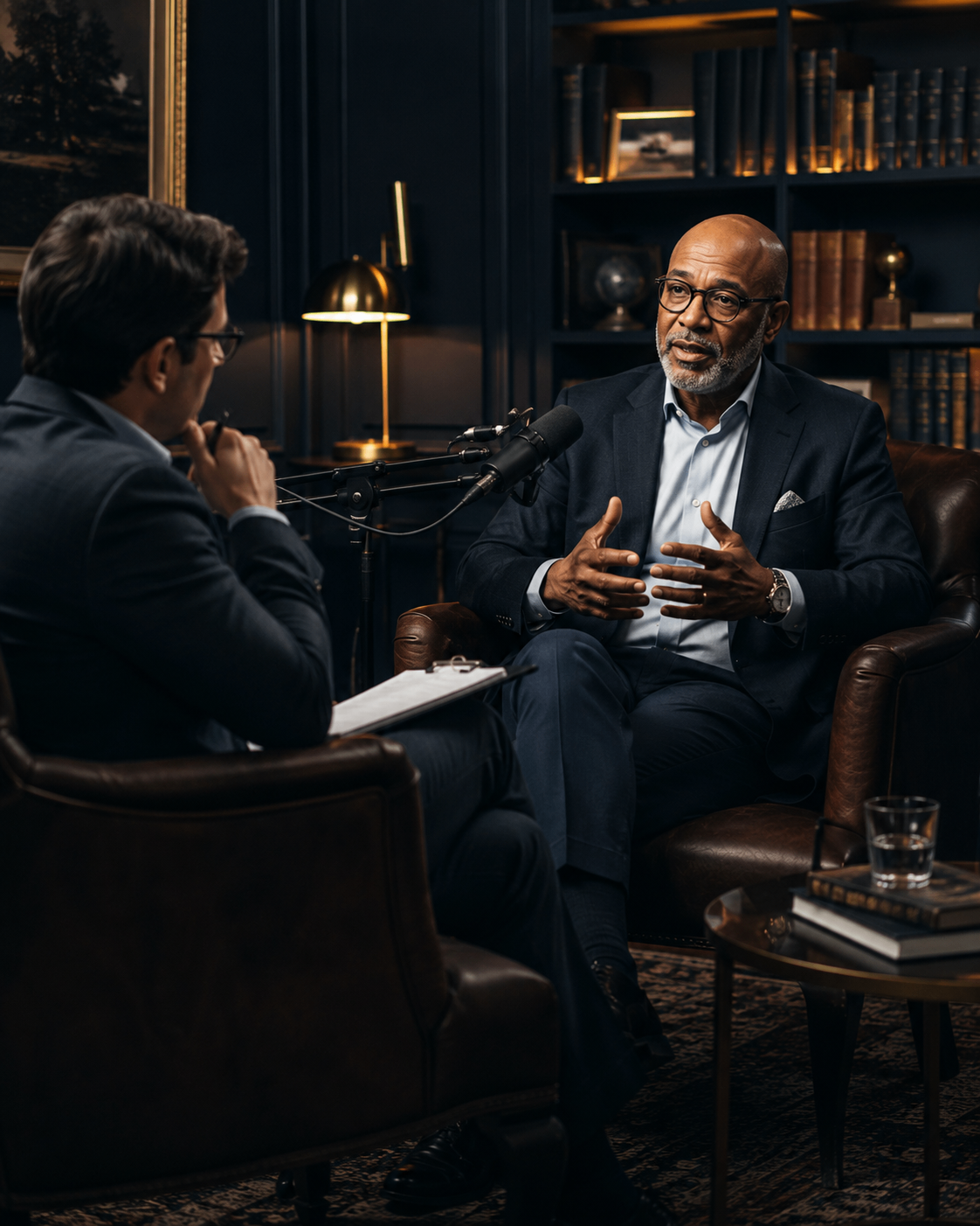 Established expert being interviewed in a private, professional editorial setting